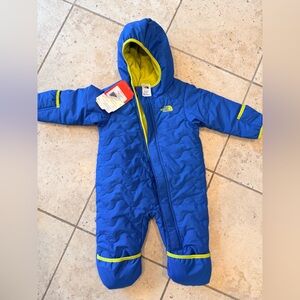 The North Face Blue One-Piece Insulated Baby Snowsuit with Lime Trim